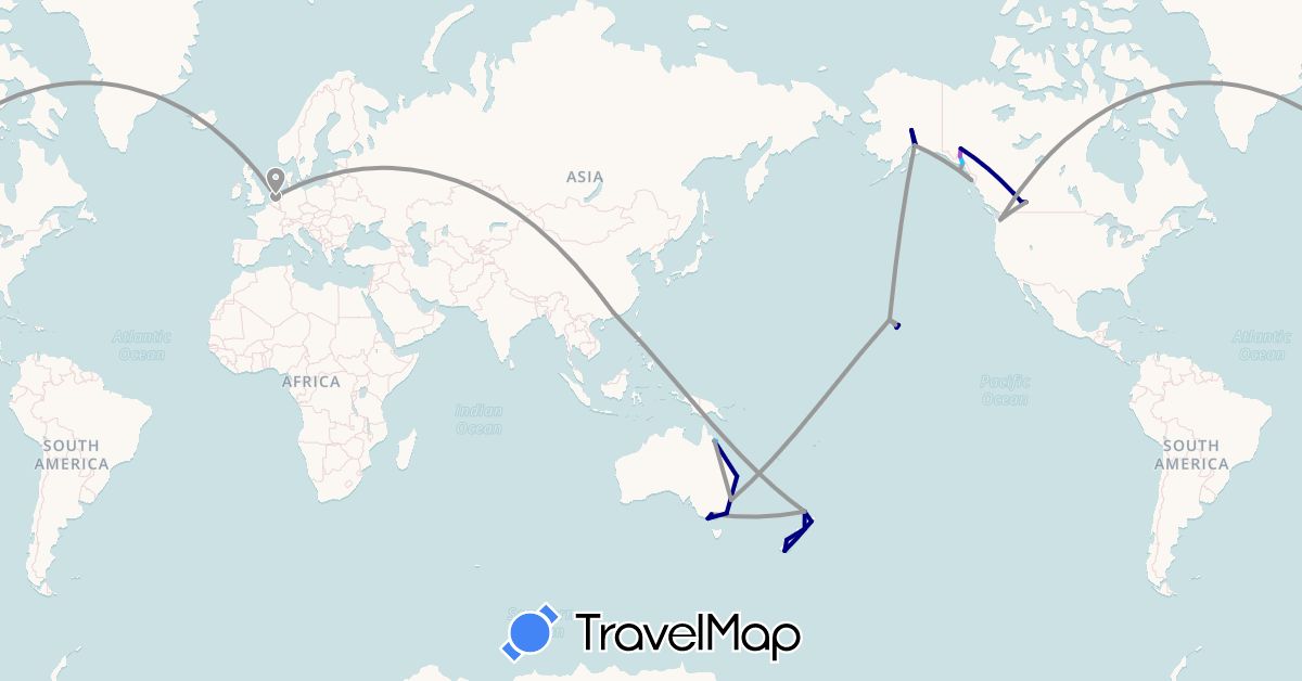 TravelMap itinerary: driving, plane, train, boat in Australia, Canada, China, Netherlands, New Zealand, United States (Asia, Europe, North America, Oceania)